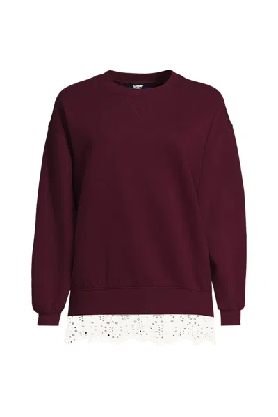 Lands' End Women's Long Sleeve Serious Sweats Lace Hem Crew Neck Tunic Sweatshirt In Red