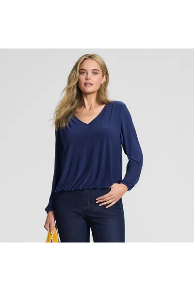 Lands' End Women's Long Sleeve Silky Knit V-neck Blouson Top In Blue