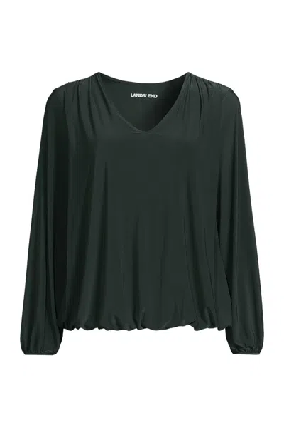Lands' End Women's Long Sleeve Silky Knit V-neck Blouson Top In Green