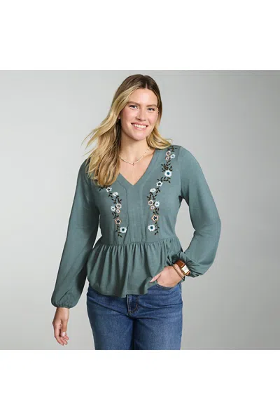 Lands' End Women's Long Sleeve Slub Jersey V-neck Embroidered Tiered Blouse In Blue