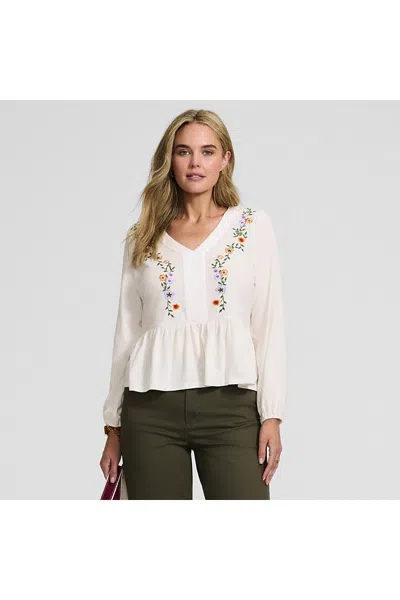 Lands' End Women's Long Sleeve Slub Jersey V-neck Embroidered Tiered Blouse In Purple