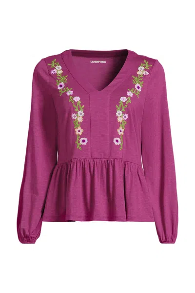 Lands' End Women's Long Sleeve Slub Jersey V-neck Embroidered Tiered Blouse In Silver
