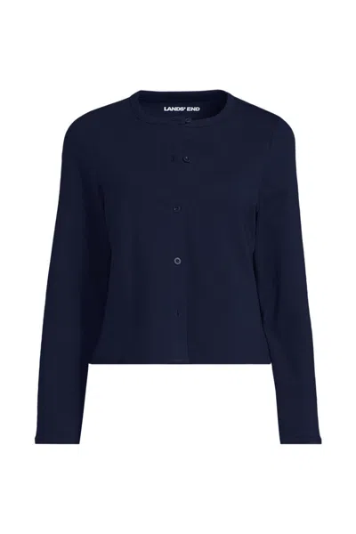 Lands' End Women's Long Sleeve Starfish Cropped Crew Neck Cardigan In Blue