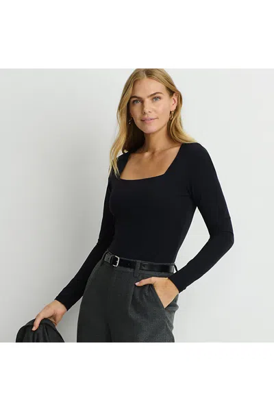 Lands' End Women's Long Sleeve Tugless Double Layer Square Neck Knit Top In Black