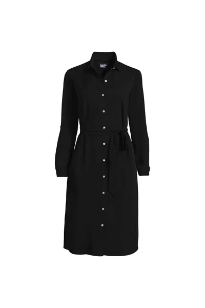 Lands' End Women's Long Sleeve Twill Below Knee Belted Shirt Dress In Black
