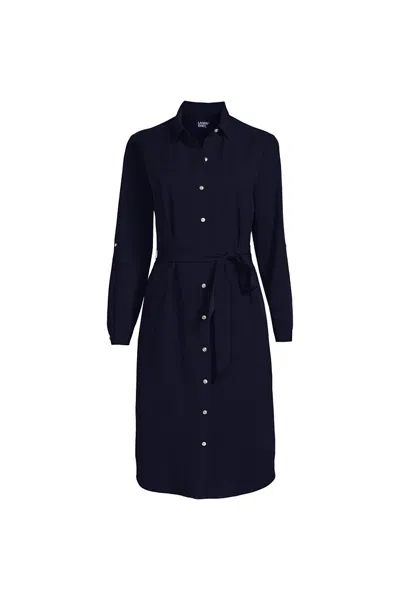 Lands' End Women's Long Sleeve Twill Below Knee Belted Shirt Dress In Blue