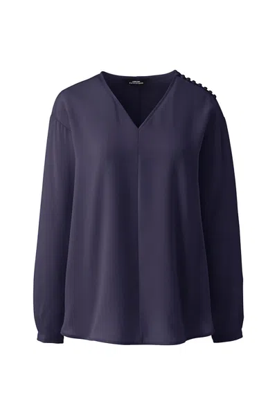Lands' End Women's Long Sleeve V-neck Button Shoulder Crepe Blouse In Blue