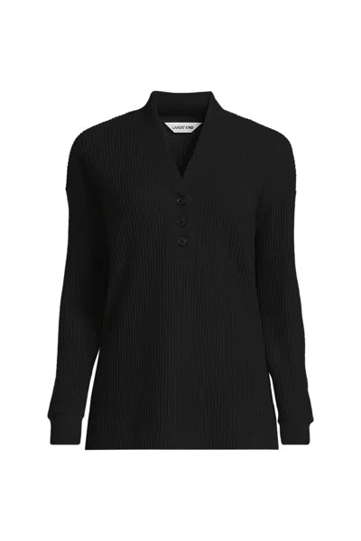 Lands' End Women's Long Sleeve Waffle Shawl Collar Henley In Black