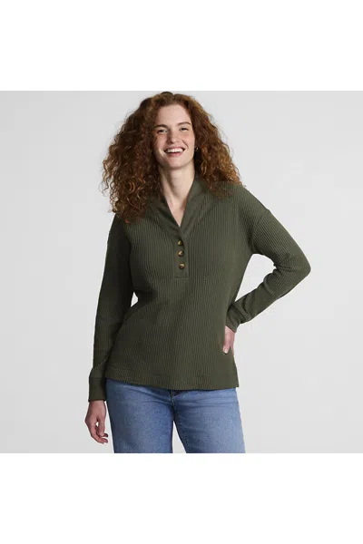 Lands' End Women's Long Sleeve Waffle Shawl Collar Henley In Green