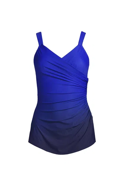 Lands' End Women's Long Slendersuit Tummy Control Chlorine Resistant Skirted One Piece Swimsuit In Blue