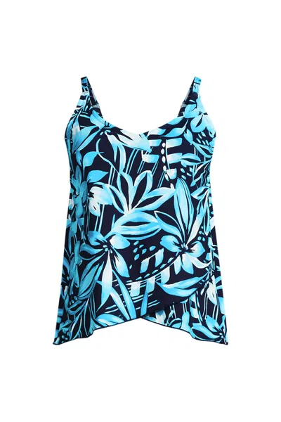 Lands' End Women's Long Torso Chlorine Resistant Tulip Hem Tankini Swimsuit Top In Blue