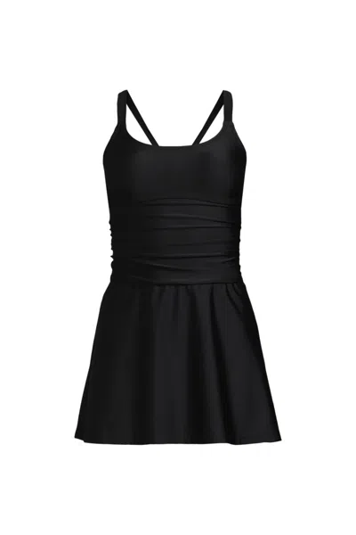 Lands' End Women's Long Torso Essential Tie Back Ruched Dresskini Top In Black