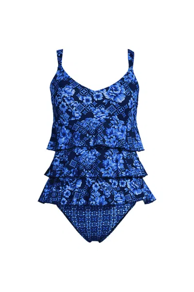 Lands' End Women's Long Torso Ruffle Fauxkini One Piece Swimsuit In Blue