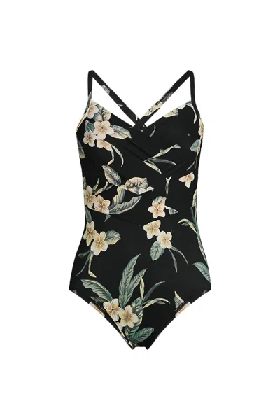 Lands' End Women's Long Torso Slendersuit Pleated Low Leg One Piece Swimsuit In Black