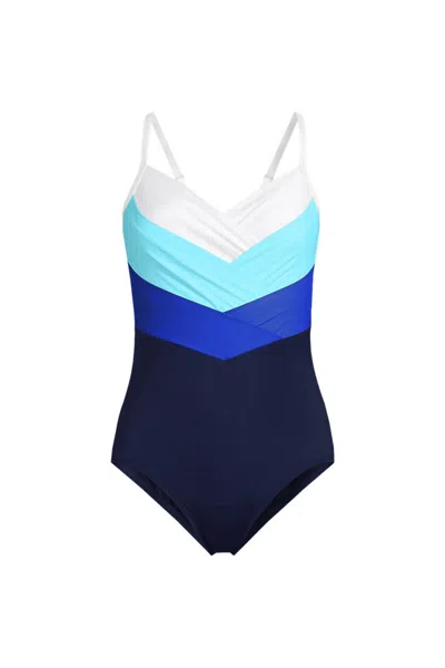 Lands' End Women's Long Torso Slendersuit Pleated Low Leg One Piece Swimsuit In Blue
