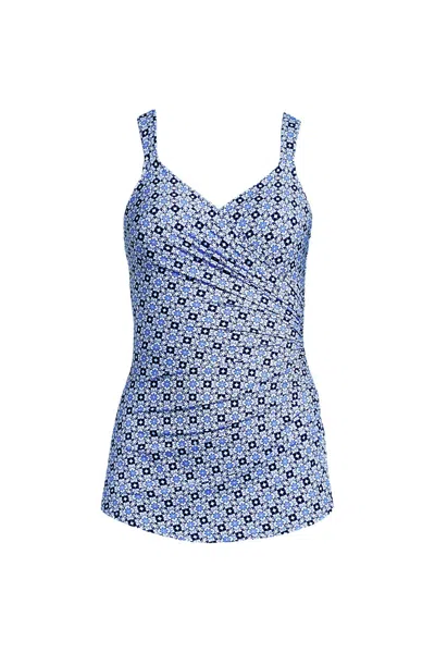 Lands' End Women's Long Torso Slendersuit V-neck Skirted Low Leg One Piece In Blue