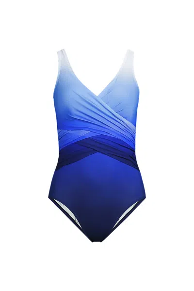 Lands' End Women's Long Torso Slendersuit Wrap One Piece Swimsuit In Blue