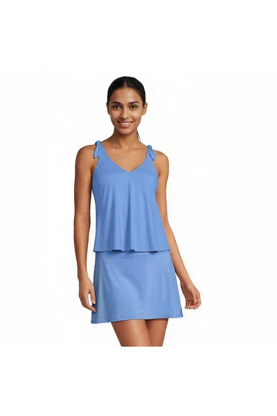 Lands' End Women's Long Torso Tie Shoulder Flutter Tankini Top In Blue