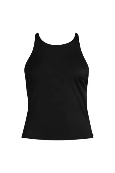 Lands' End Women's Long Torso Tugless High Neck Strappy Back Tankini Top In Black