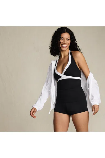 Lands' End Women's Long Torso V-neck Halter Tankini Top In Black