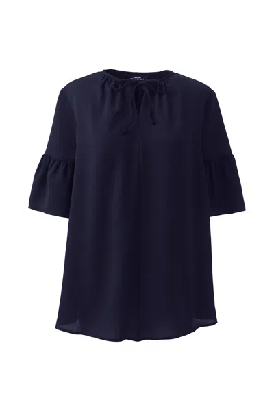 Lands' End Women's Maternity Short Sleeve Tie Neck Crepe Blouse In Blue