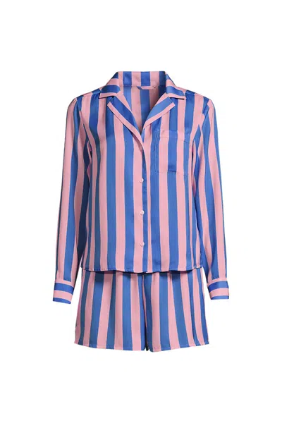 Lands' End Women's Matte Satin 2 Piece Pajama Set - Long Sleeve Top And Shorts In Multi