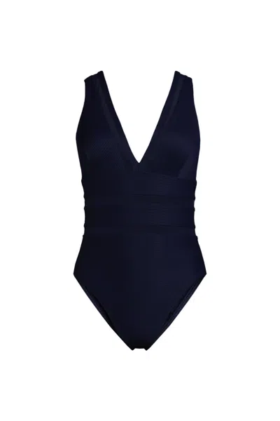 Lands' End Women's Mesh Ribbed Plunge High Leg One Piece Swimsuit In Blue