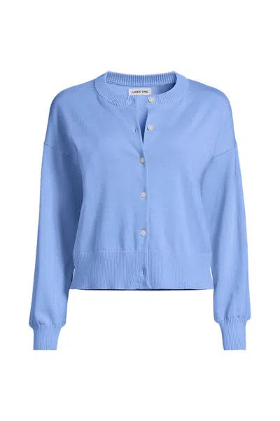 Lands' End Women's Modern Length Fine Gauge Crew Neck Cardigan Sweater In Blue