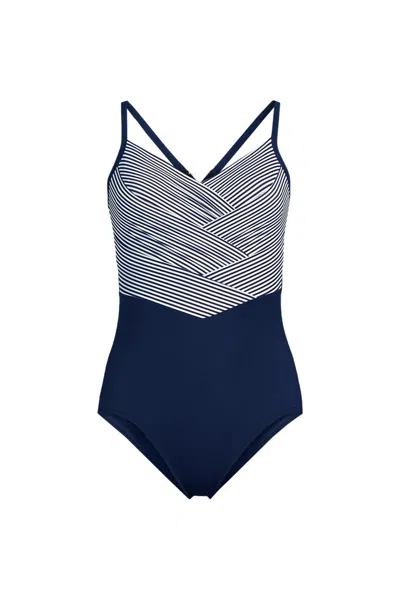 Lands' End Women's New Slendersuit Pleated Low Leg One Piece Swimsuit In Multi