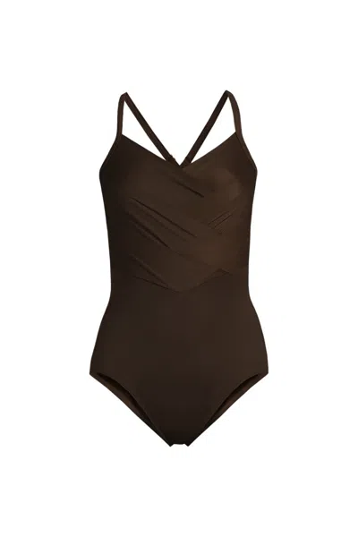 Lands' End Women's New Slendersuit Pleated Low Leg One Piece Swimsuit In Brown