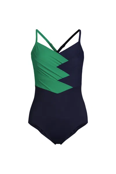 Lands' End Women's New Slendersuit Pleated Low Leg One Piece Swimsuit In Green
