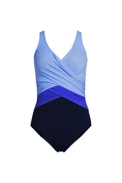 Lands' End Women's New Slendersuit Wrap One Piece Swimsuit In Blue