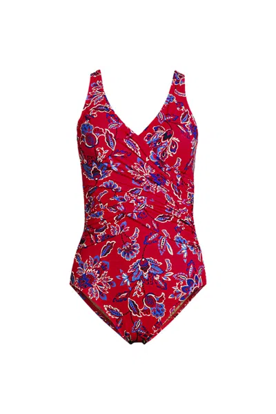 Lands' End Women's New Slendersuit Wrap One Piece Swimsuit In Red