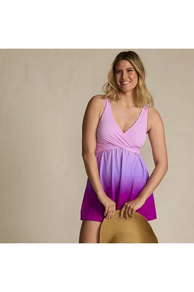 Lands' End Women's New Slendersuit Wrap Swim Dress Swimsuit Print In Purple