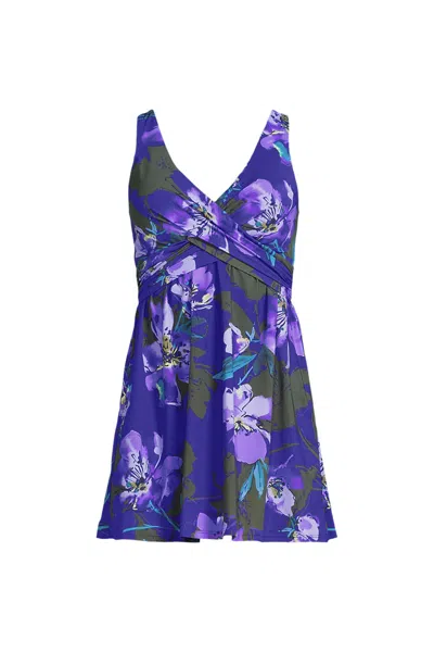 Lands' End Women's New Slendersuit Wrap Swim Dress Swimsuit Print In Blue