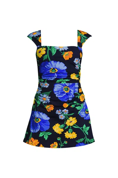 Lands' End Women's Plus Size New Smoothing Square Neck Ruched Swim Dress Swimsuit In Blue