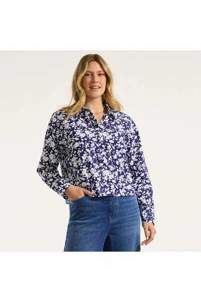 Lands' End Women's No Iron Boxy Cropped Shirt In Blue