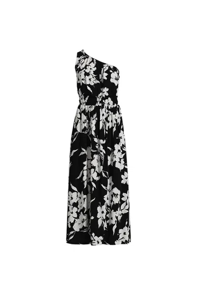 Lands' End Women's One Shoulder Crepe Midi Dress In Black