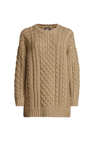 Lands' End Women's Oversized Drifter Cable Tunic Sweater In Brown
