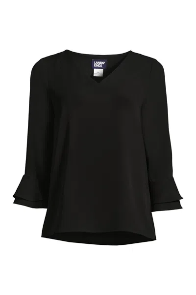 Lands' End Women's Petite 3/4 Flutter Sleeve Crepe Blouse In Black