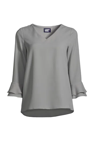 Lands' End Women's Petite 3/4 Flutter Sleeve Crepe Blouse In Gray