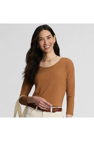 Lands' End Women's Petite 3/4 Sleeve Lightweight Jersey Shirttail Tee In Tan