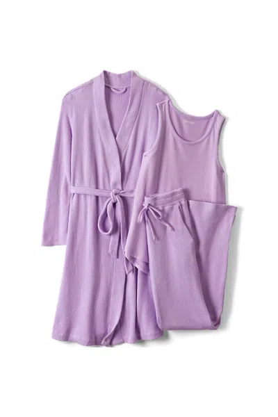 Lands' End Women's Petite Brushed Cozy Waffle Jersey 3 Piece Pajama Set - Tank Top Pant And Robe In Purple
