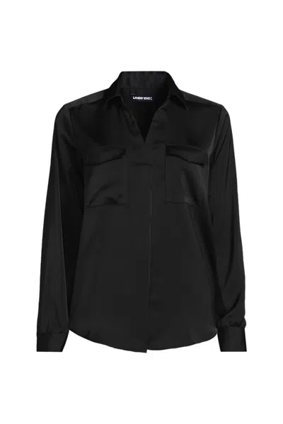 Lands' End Women's Petite Charmeuse Utility Popover Blouse In Black
