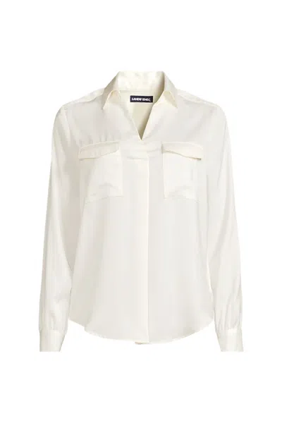 Lands' End Women's Petite Charmeuse Utility Popover Blouse In Ivory