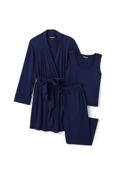 Lands' End Women's Petite Cooling 3 Piece Pajama Set - Tank Crop And Robe In Blue