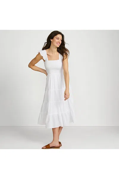 Lands' End Women's Petite Cotton Dobby Smocked Dress With Ruffle Straps In White