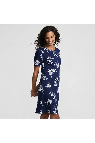 Lands' End Women's Petite Cotton Interlock Short Sleeve Knee Length Gown In Blue