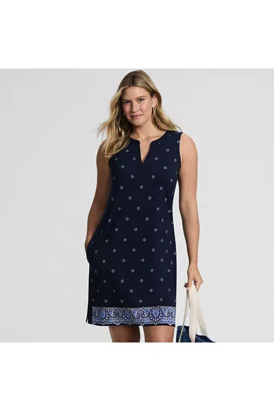Lands' End Women's Petite Cotton Jersey Notch Neck Dress In Blue