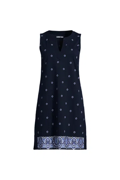 Lands' End Women's Petite Cotton Jersey Notch Neck Dress In Blue